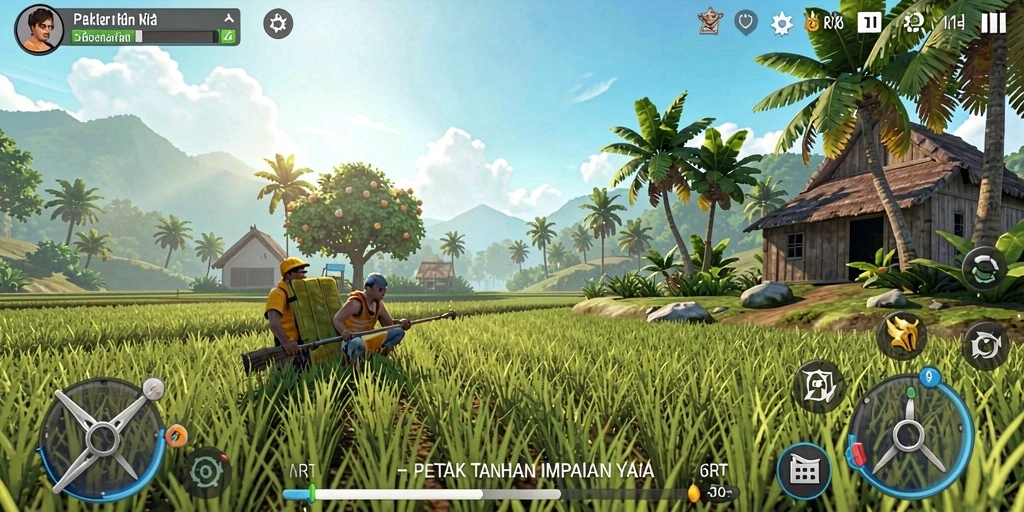 Gameplay seru di 6RT dengan kebun yang luas dan tanaman beragam.