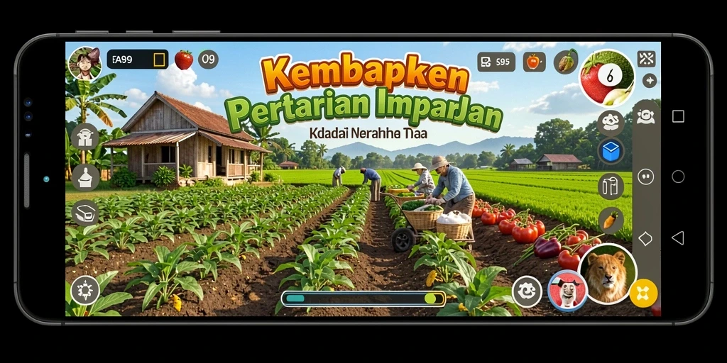 Tangkapan layar FA99 menunjukkan keseruan gameplay pertanian yang interaktif.