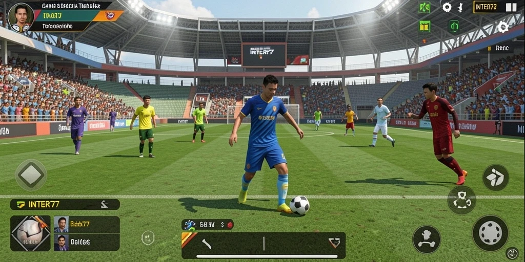 Screenshot gameplay INTER77 menampilkan aksi pertandingan sepak bola yang intens.